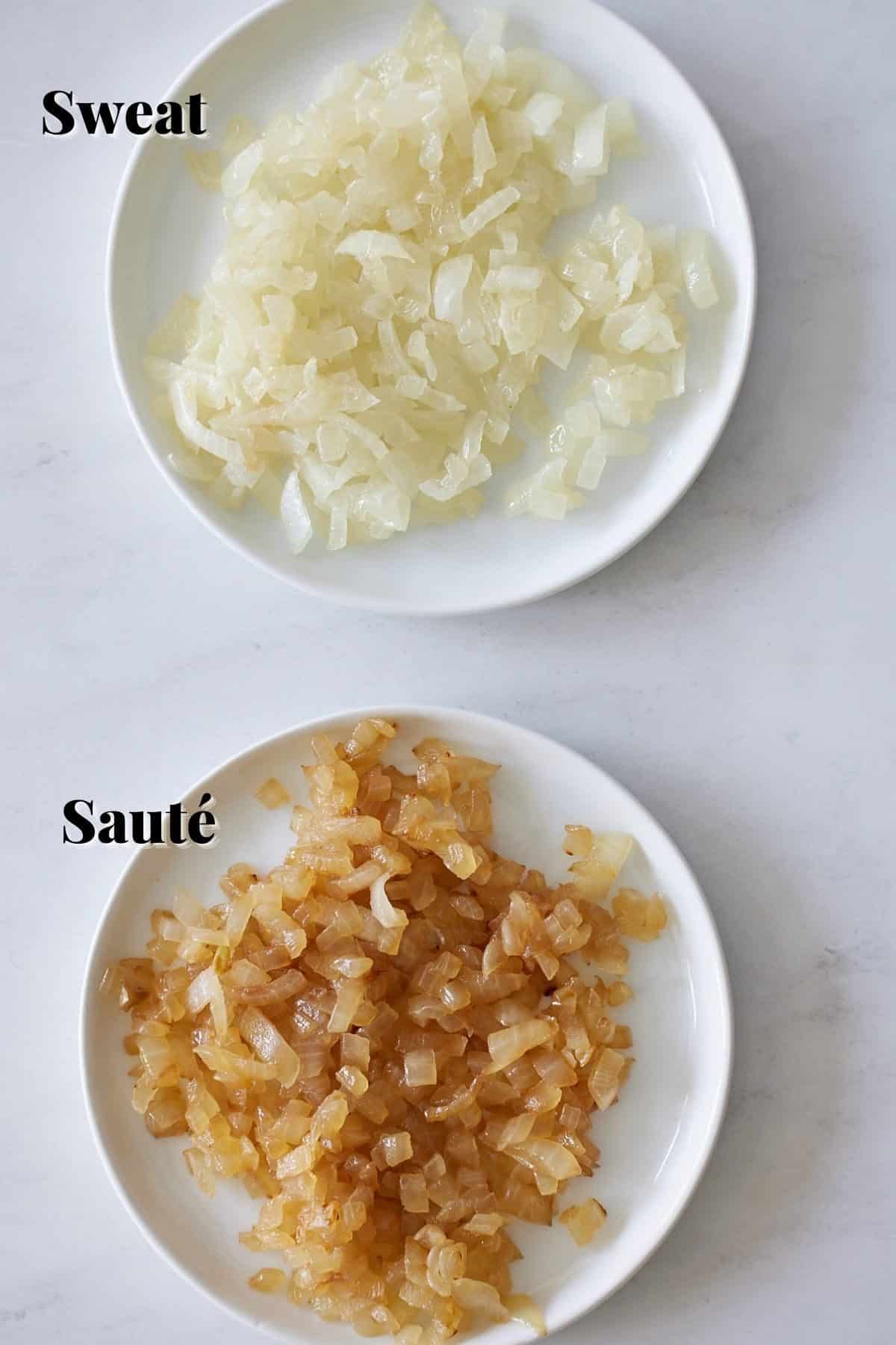 cooked onions on two white plates. plate on top says sweat and on bottom says sauté