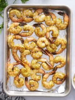 cooked shrimp on a baking sheet