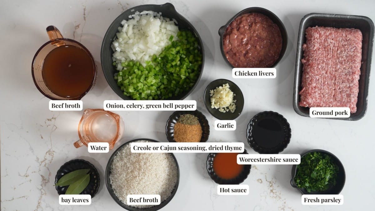 ingredients for the dirty rice on counter
