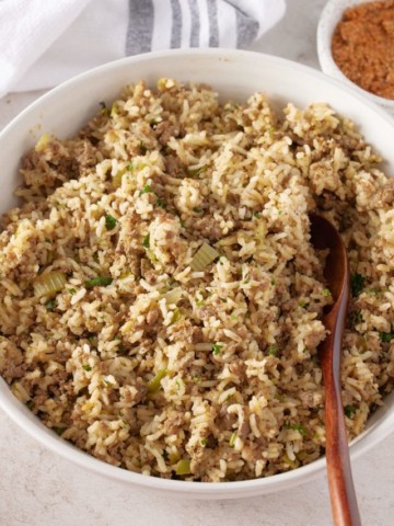 large white bowl of dirty rice