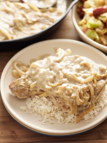 pork chop with gravy on a plate over rice