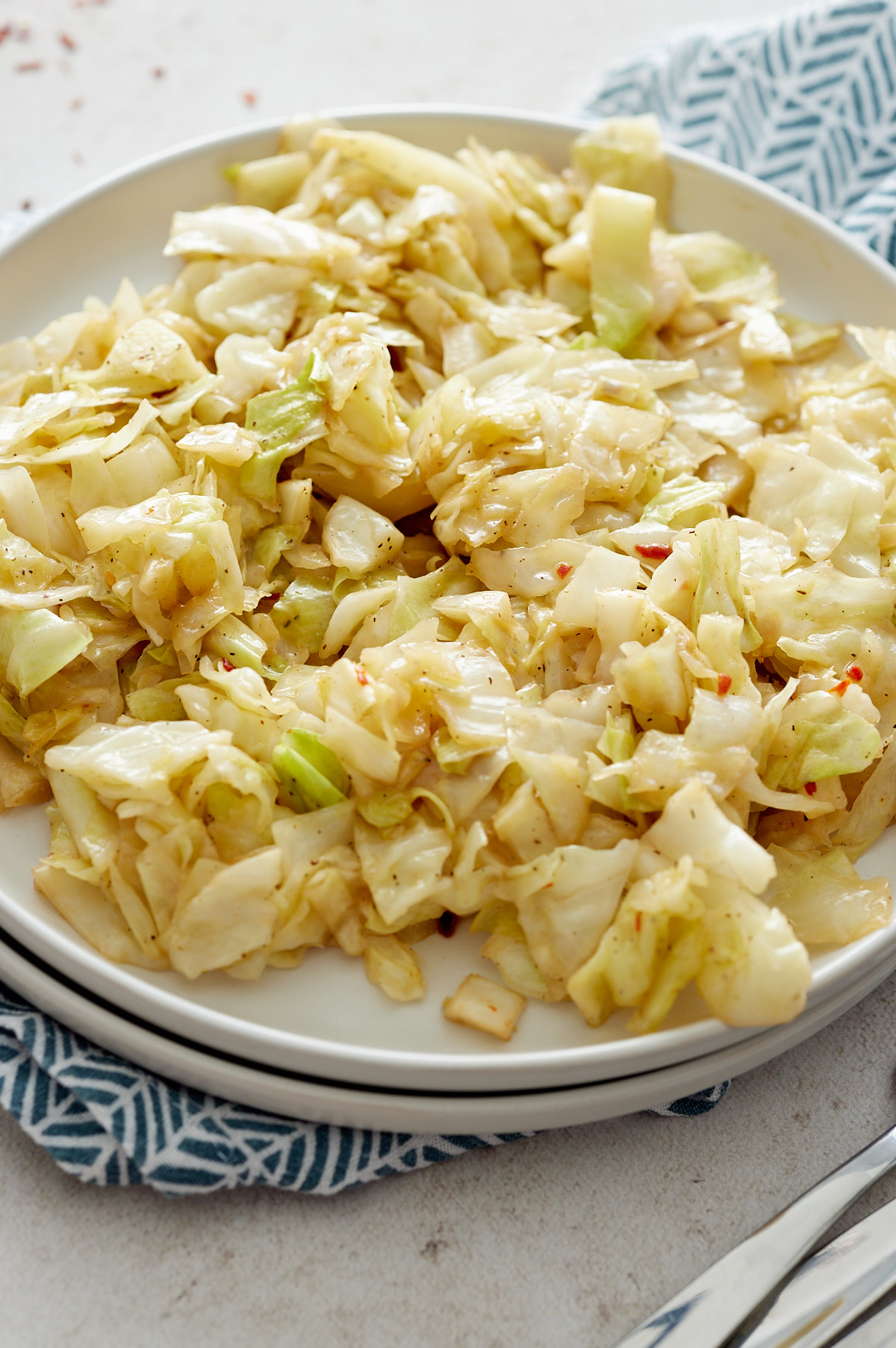 shredded cabbage on a white plate