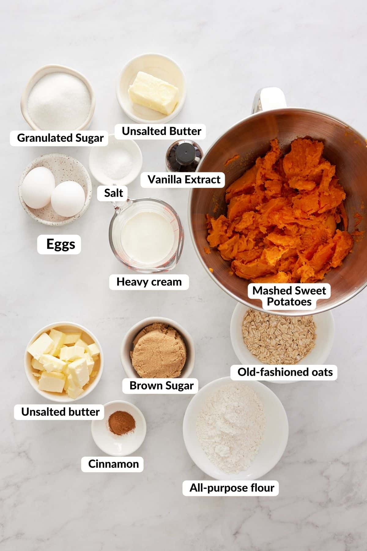 ingredients labeled in small bowls for southern style sweet potato casserole