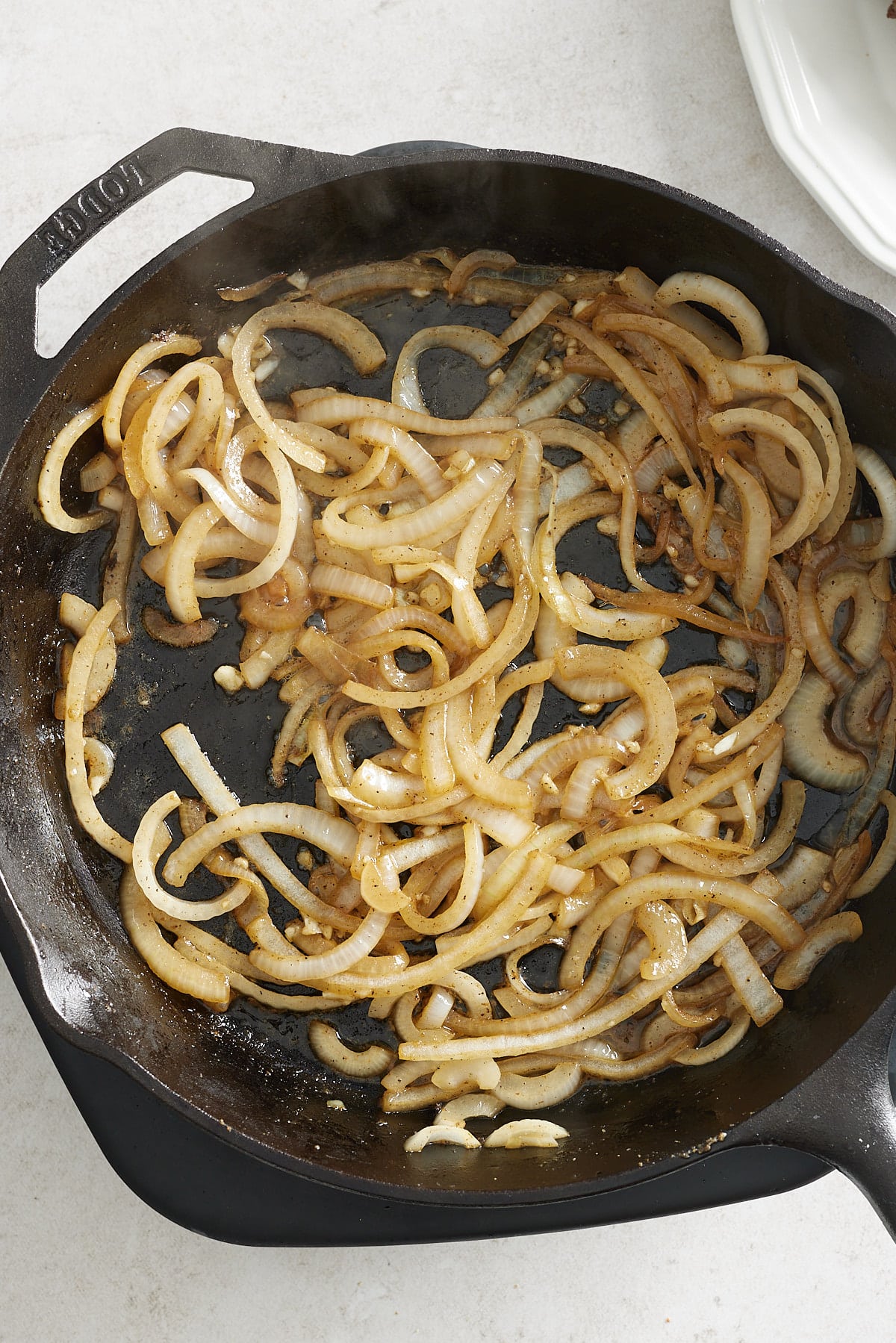 caramelized onions in a cast iron pan