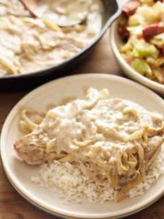 pork chop with gravy on a plate over rice