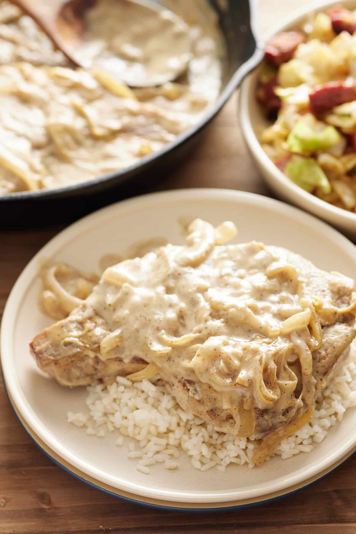 pork chop with gravy on a plate over rice