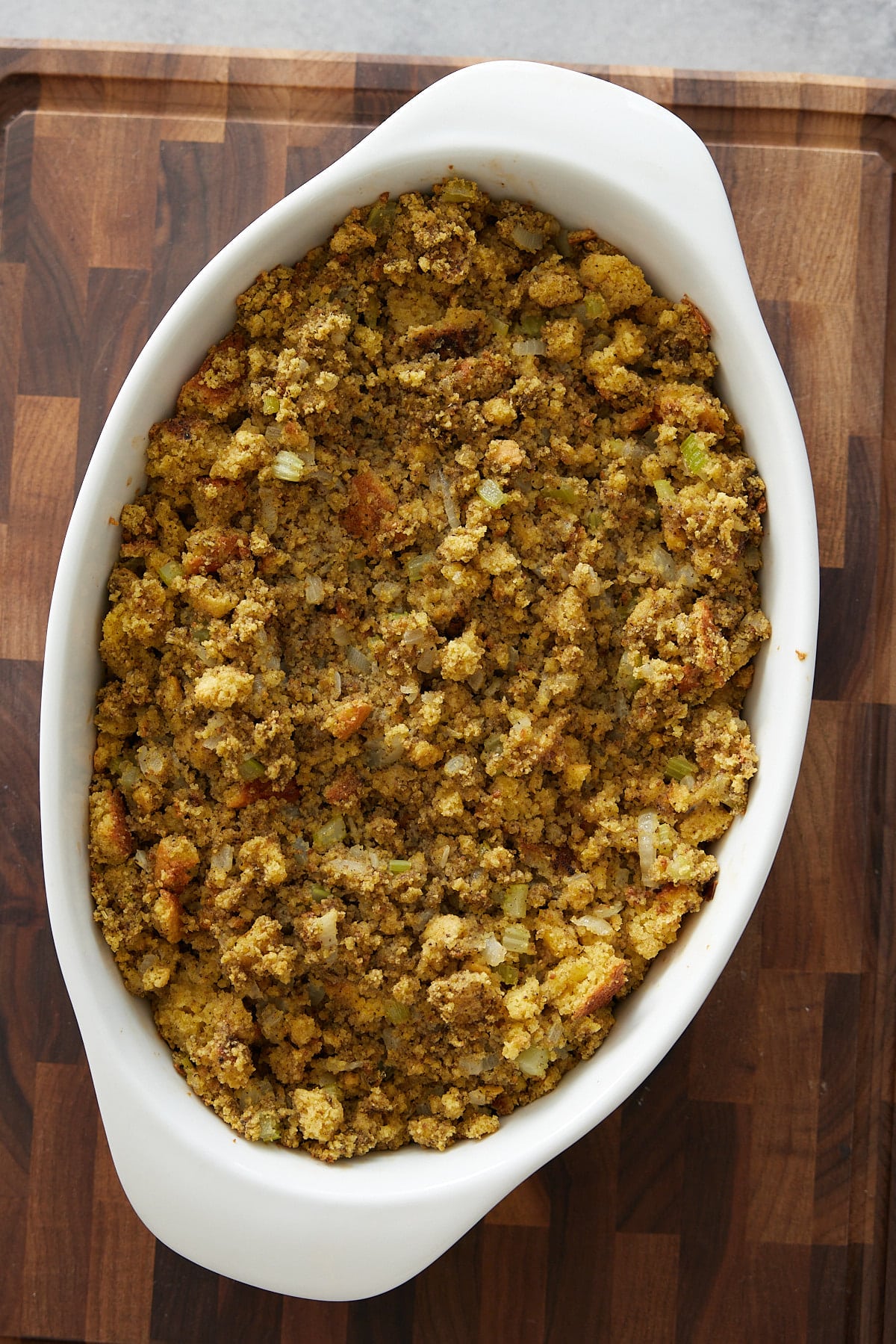 cornbread dressing in a baking dish