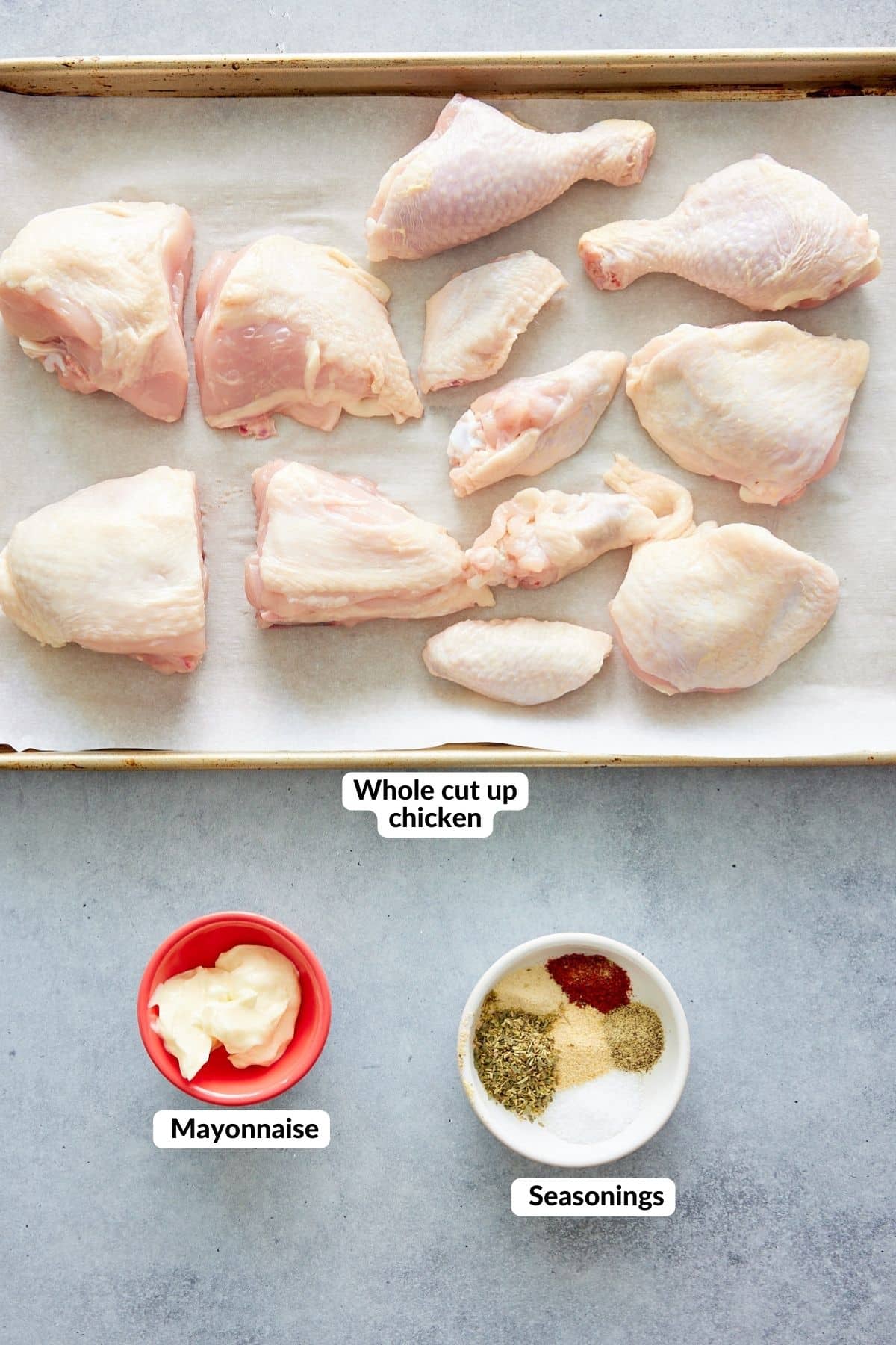 ingredients labeled for oven roasted chicken pieces