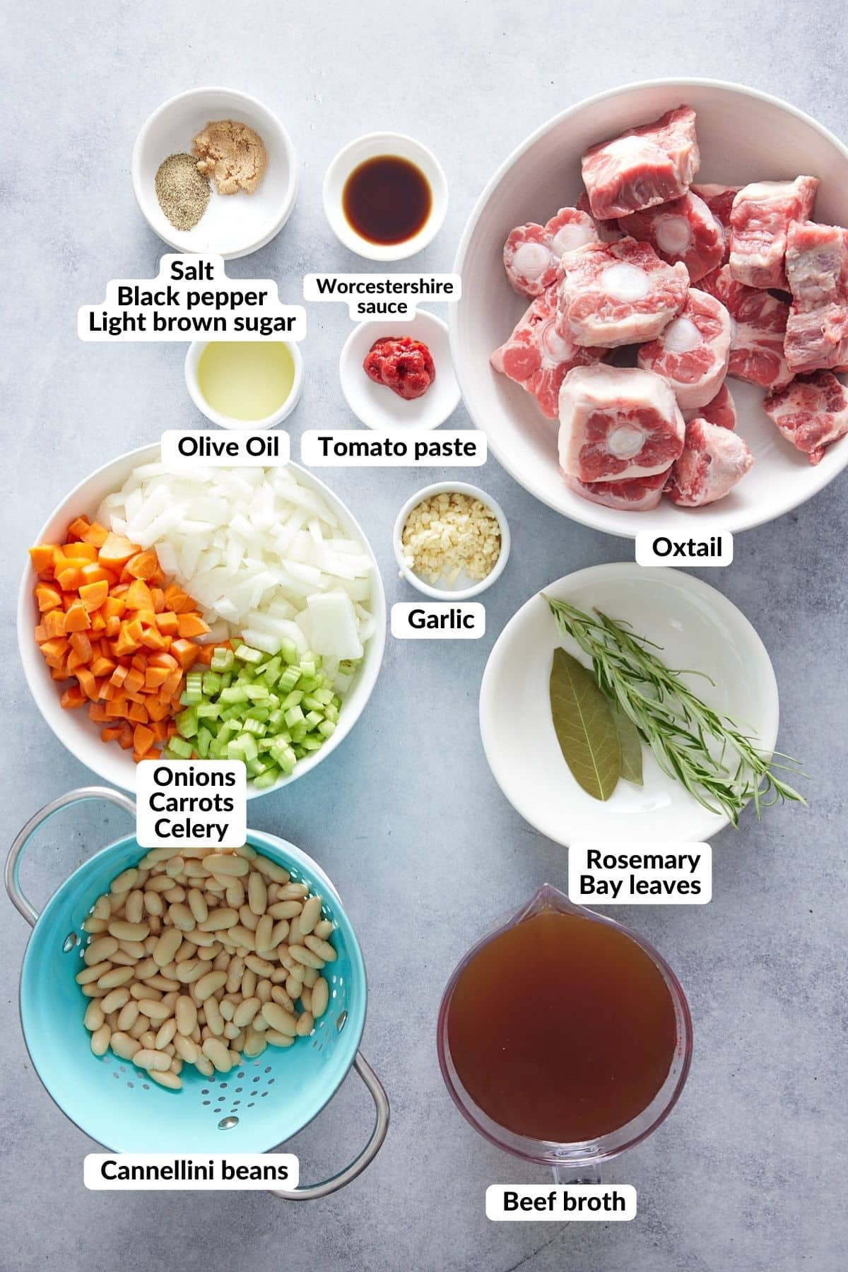 ingredients labeled for oxtail soup in small bowls on a white background