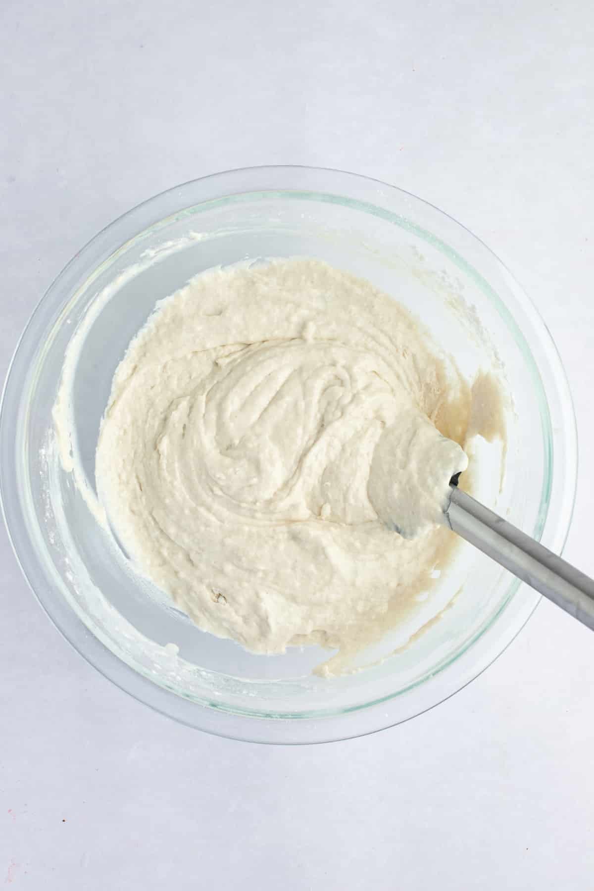 batter for mayonnaise biscuits in glass bowl