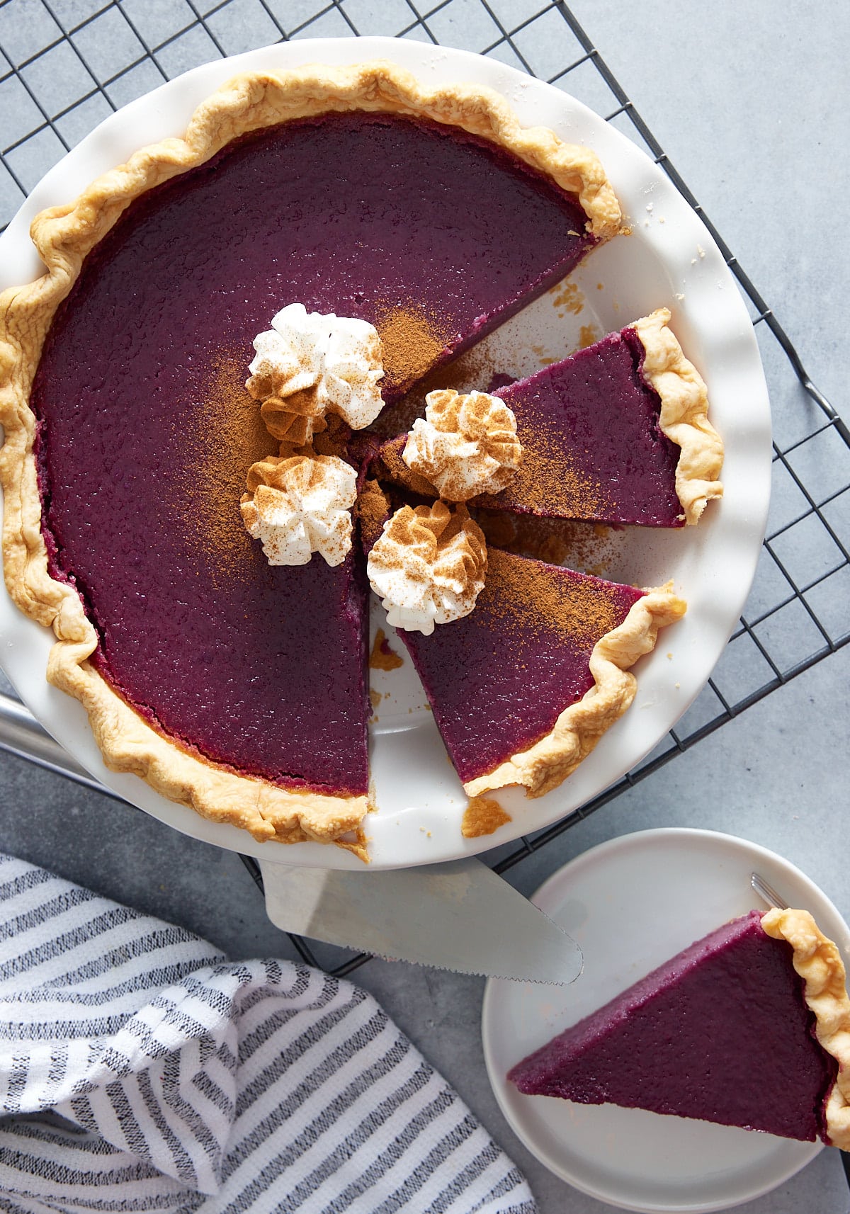 purple sweet potato pie cut up into slices