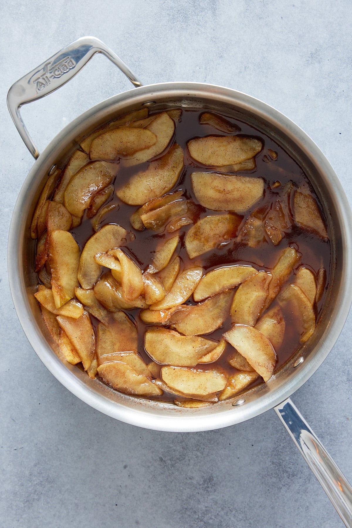 Top down image of a pan with cooked Southern fried apples