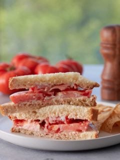 Close up image of a Southern tomato sandwich set on a white plate with fresh tomatoes and salt and pepper grinders in background