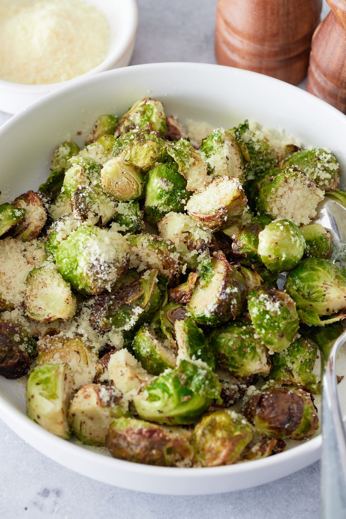 close up of a bowl of air fried brussels sprouts