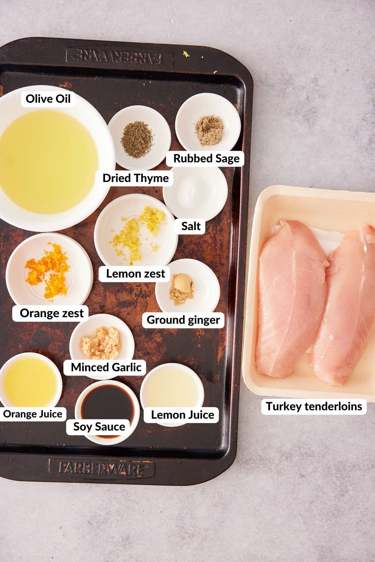 Turkey tenderloin ingredients set into individual white bowls