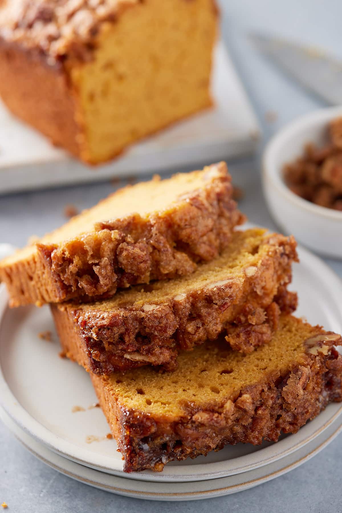 Three slices of sweet potato bread on a plate