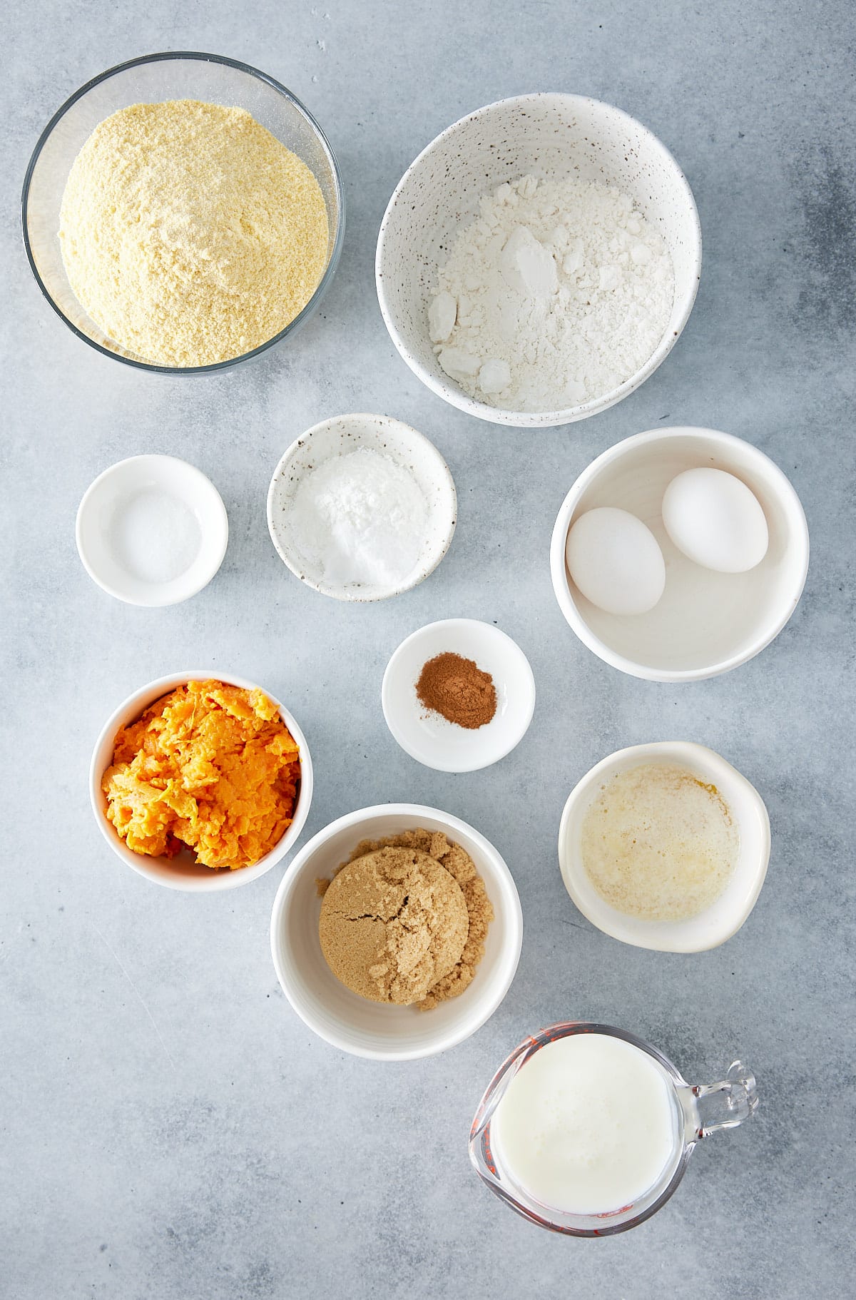 Sweet potato cornbread recipe ingredients set into small bowls