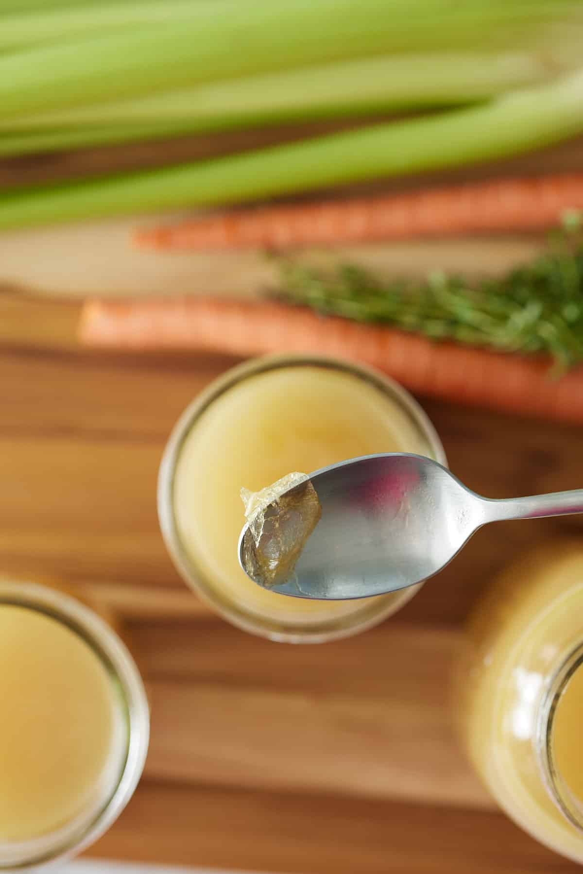Close up image of 3 jars filled with turkey broth