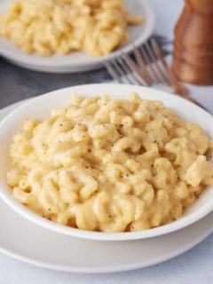 slow cooker mac and cheese served in a large bowl