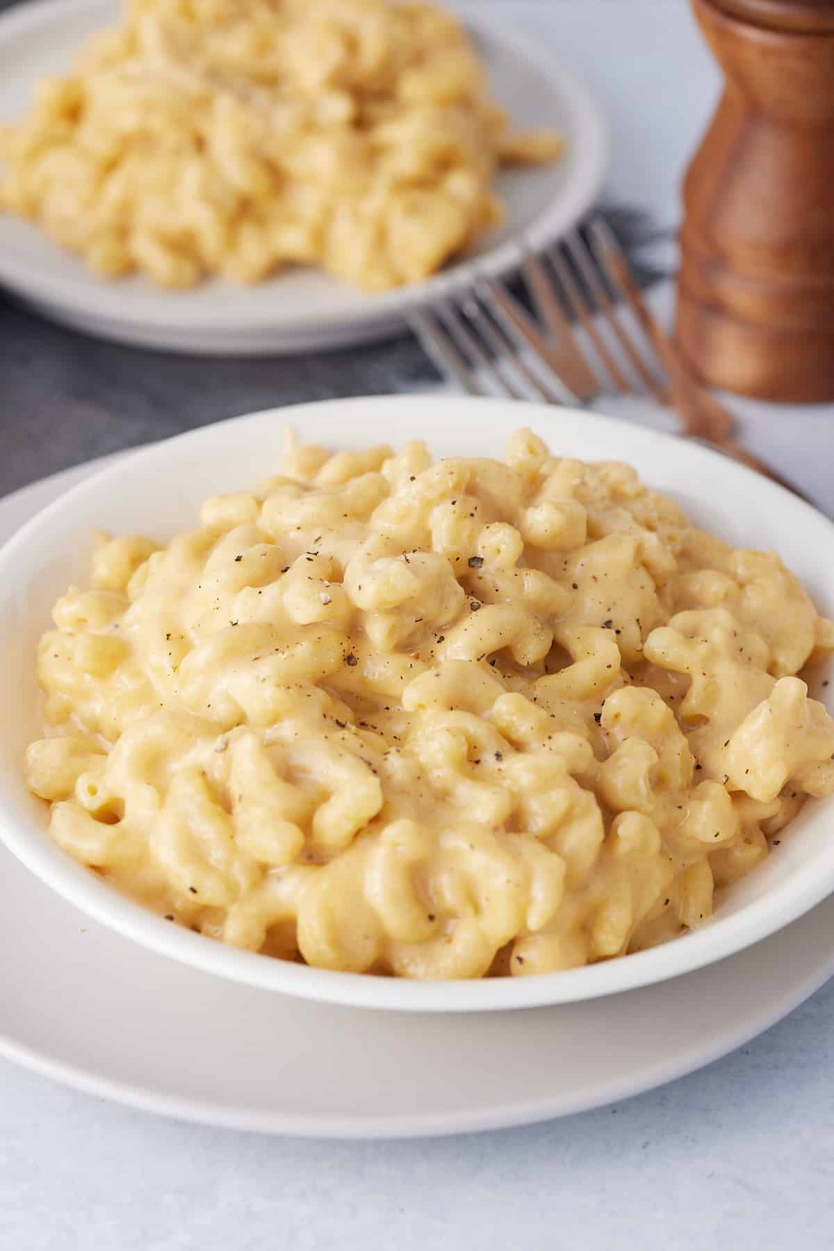 slow cooker mac and cheese served in a large bowl