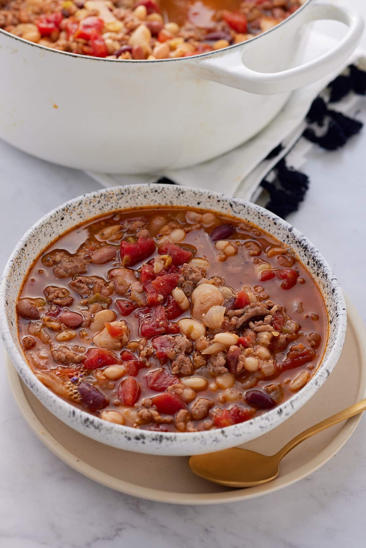 bean soup on a plate with pot in background