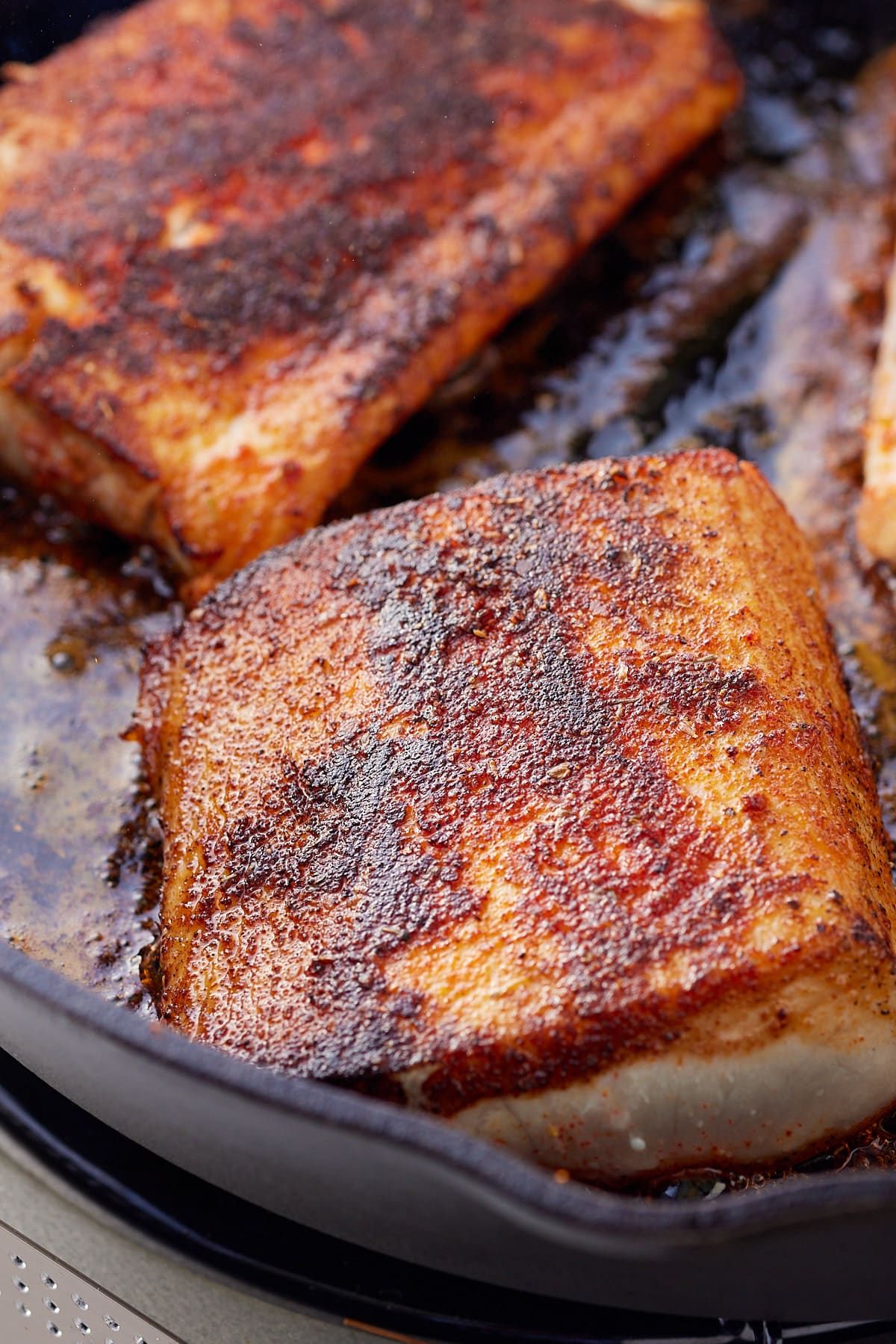 Close up of mahi mahi in the cast iron pan