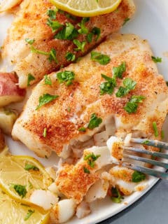 oven baked cod being cut by a fork