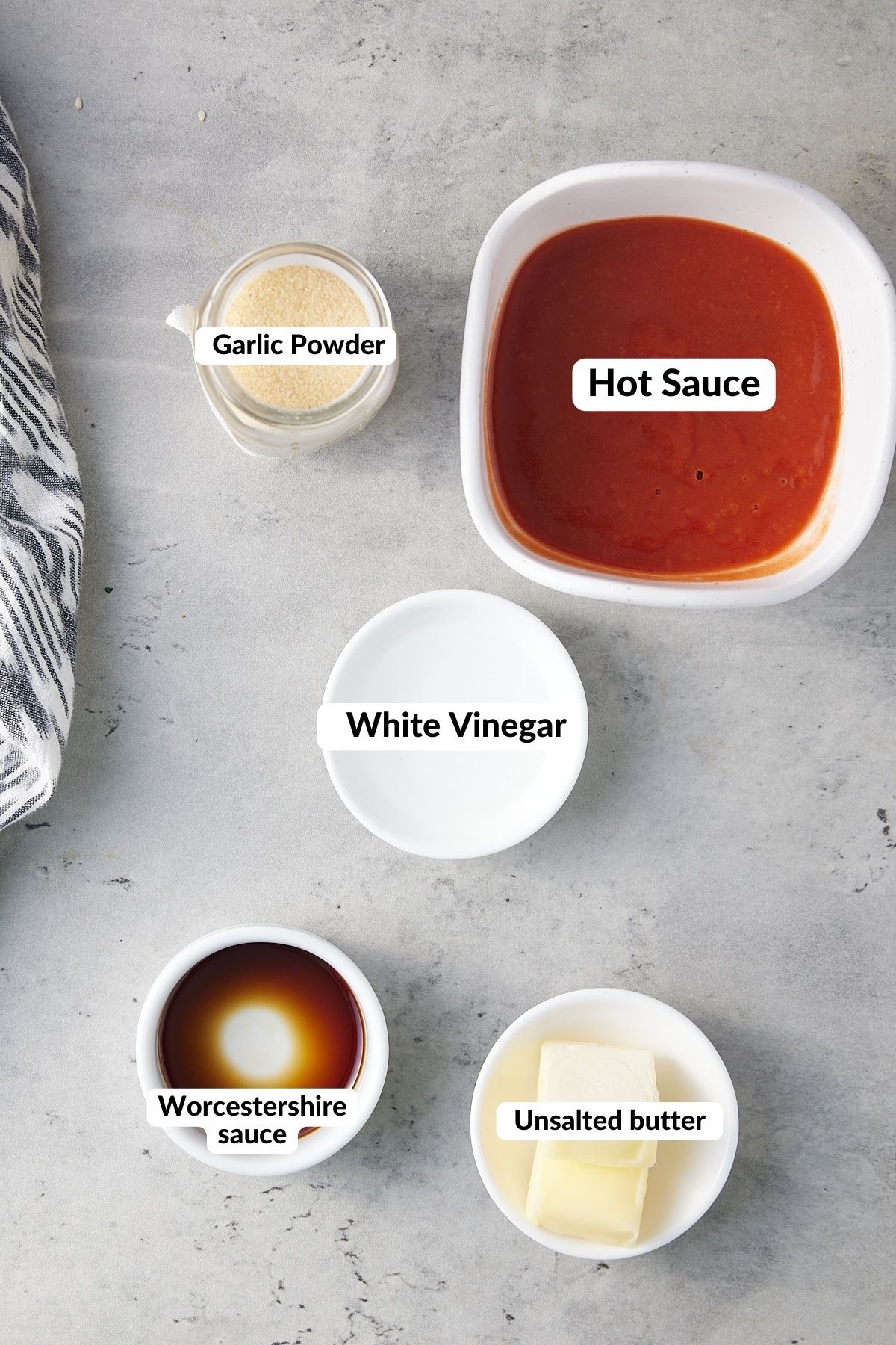 buffalo sauce ingredients on table with text of each ingredient name