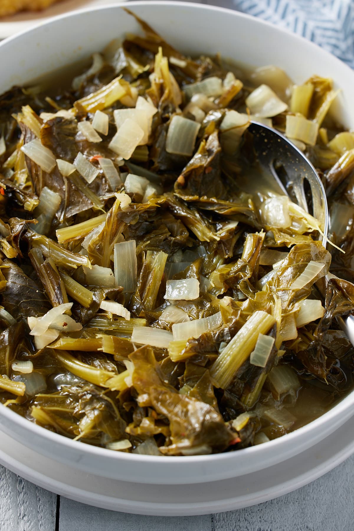 close up of turnips greens in a bowl