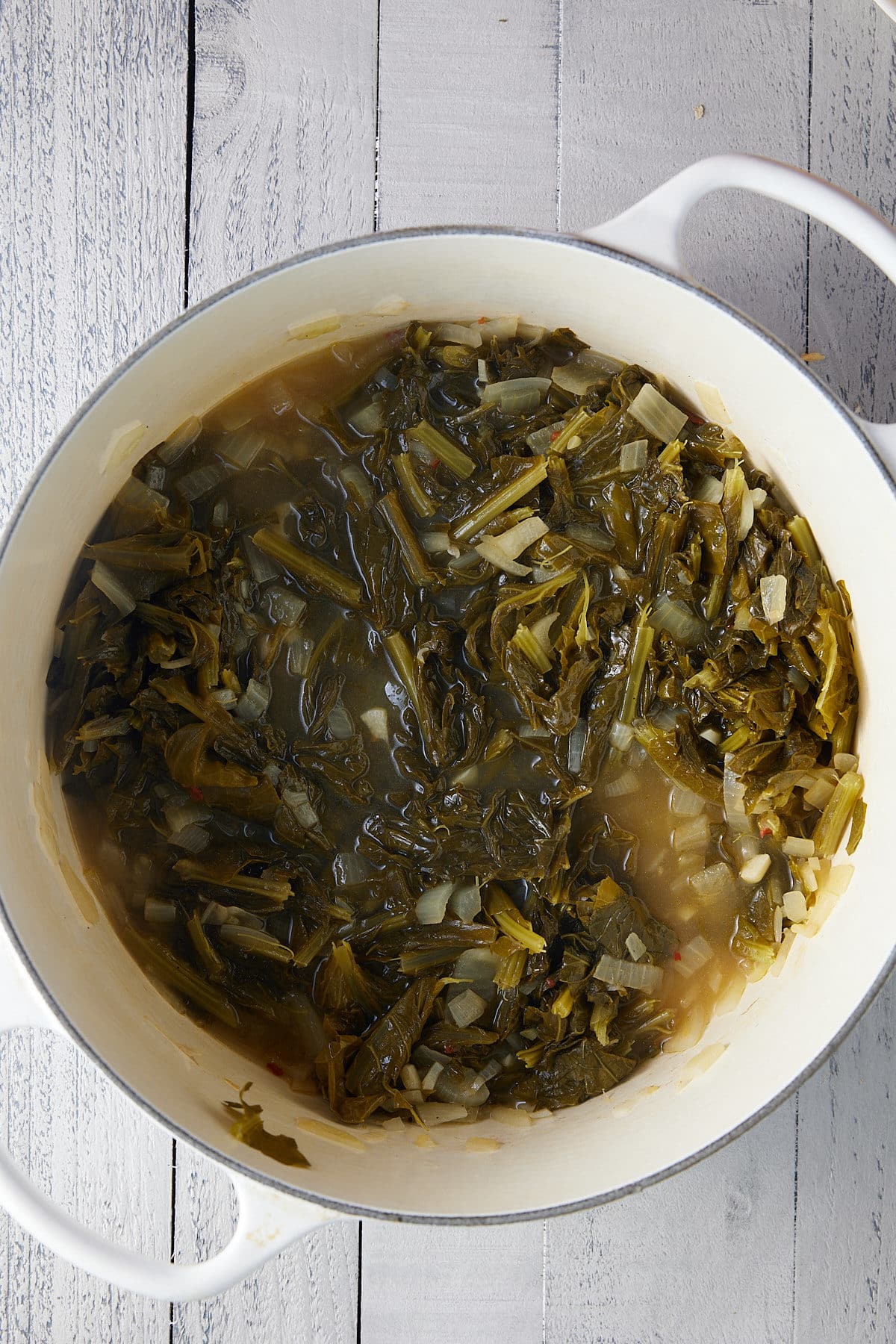 cooked turnip greens in a pot