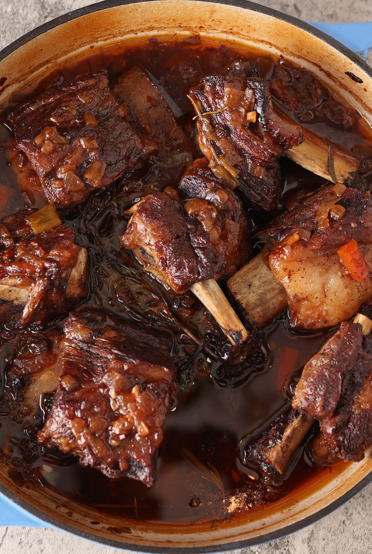 Dutch oven filled with braised beef short ribs