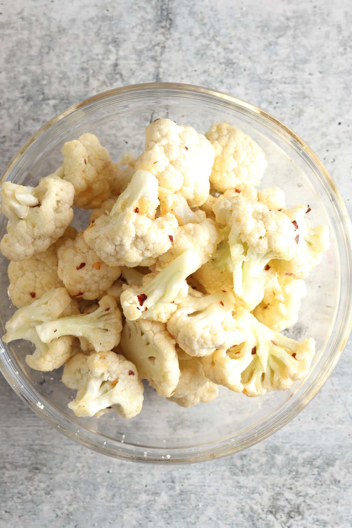 cauliflower on a glass bowl.