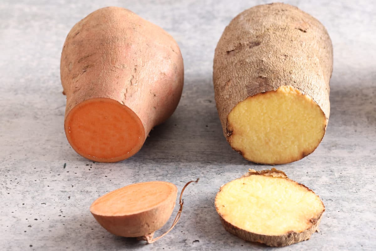 cut raw sweet potato on the left, cut raw white yam on the right