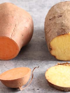 cut raw sweet potato on the left, cut raw white yam on the right