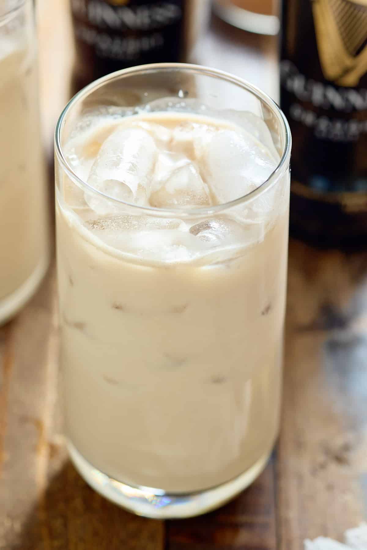 A tall glass of Jamaican Guinness Punch served over ice