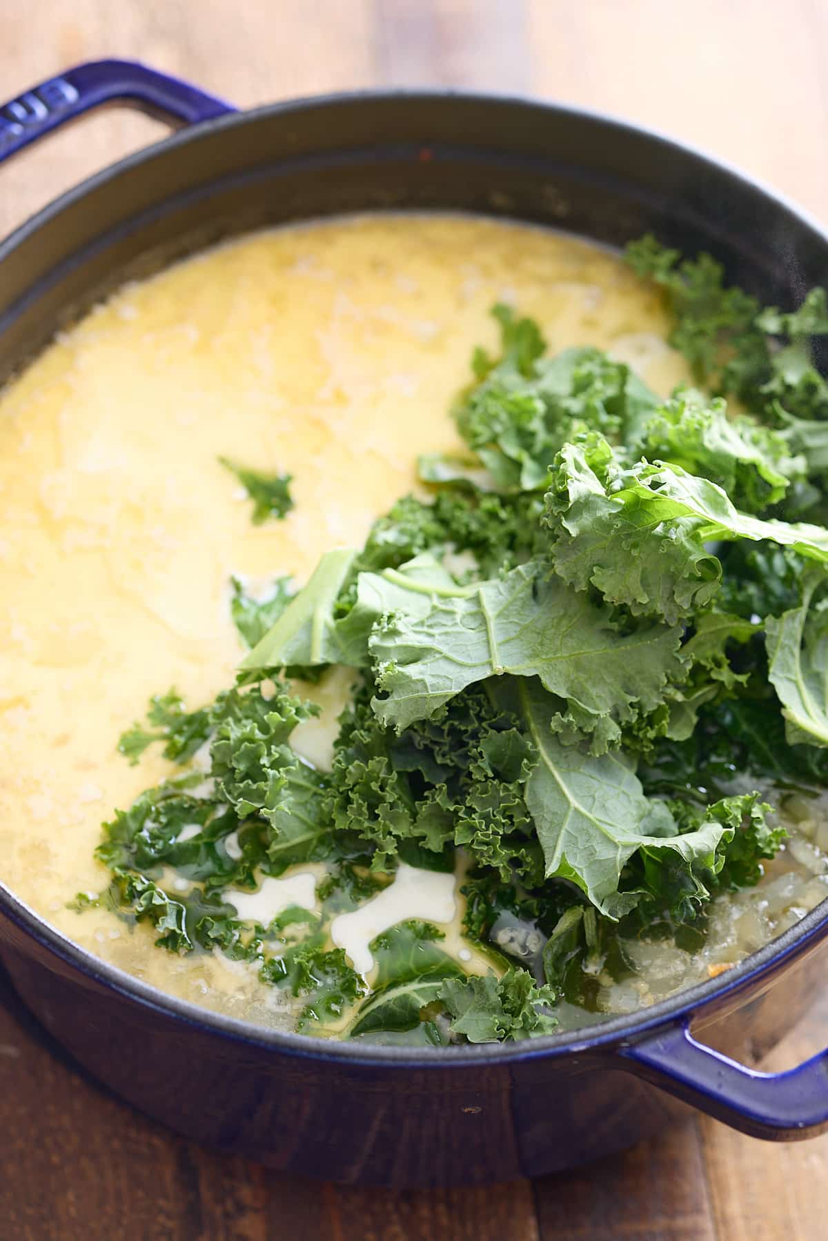 Kale and cream added to the soup.