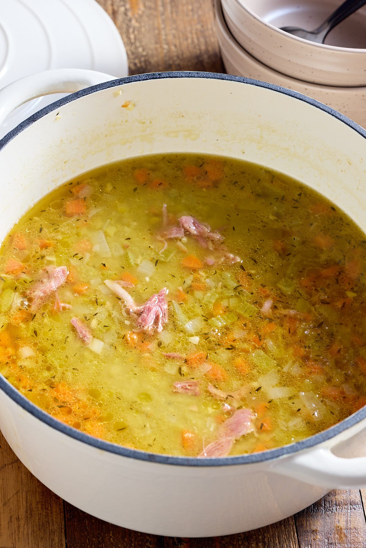 split pea soup with meat from the ham bone in the pot.