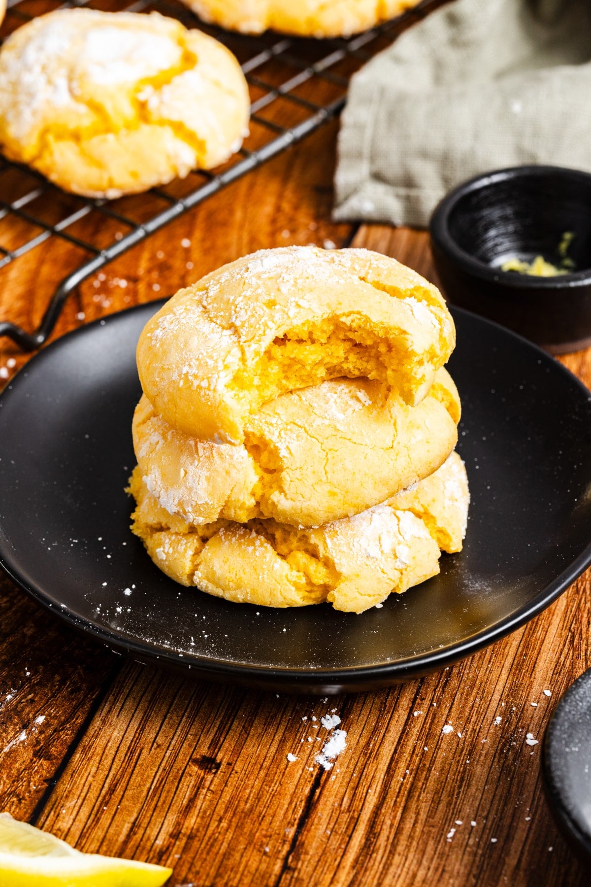 Lemon crinkle cookie with bite taken out
