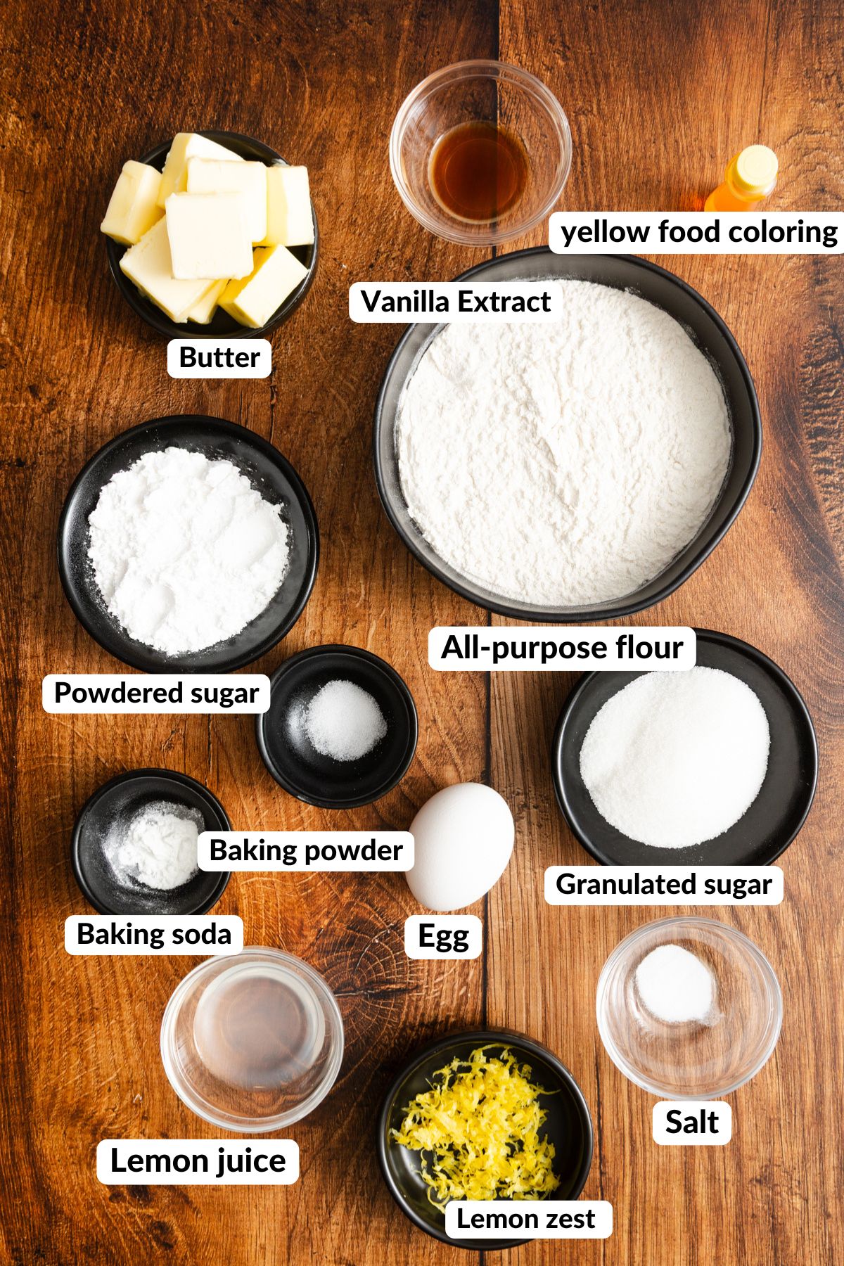Ingredients for Lemon Crinkle Cookies with Labels