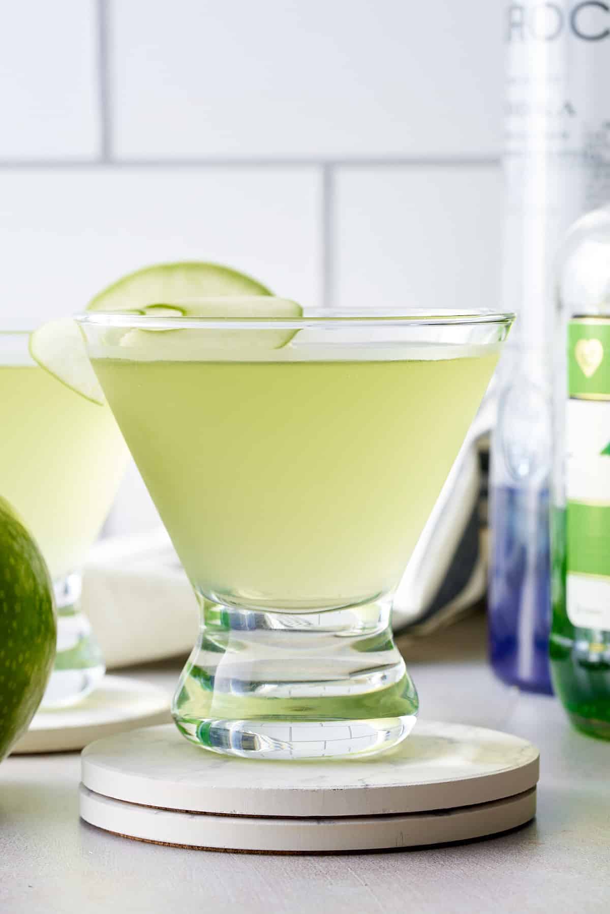 Garnished and ready to serve sour apple martini.
