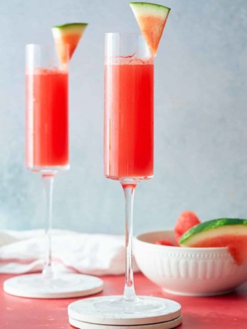Garnished and ready to serve watermelon mimosa.