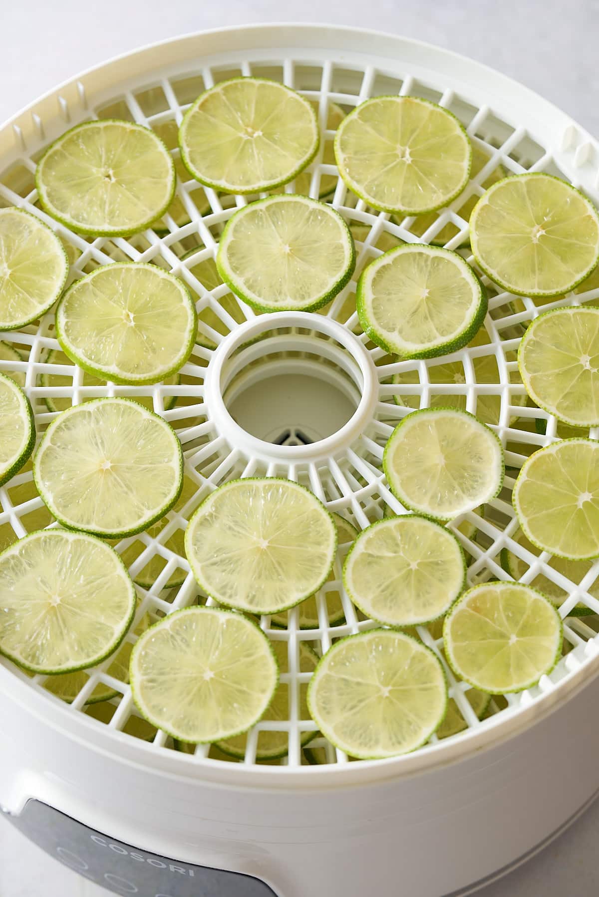 fresh limes on dehyrator tray