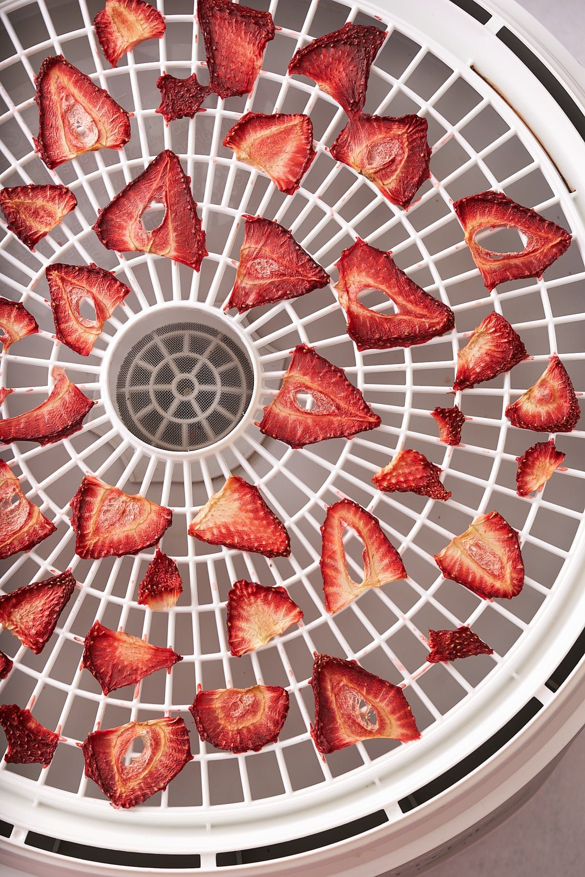 dehydrated strawberries on dehydrator rack