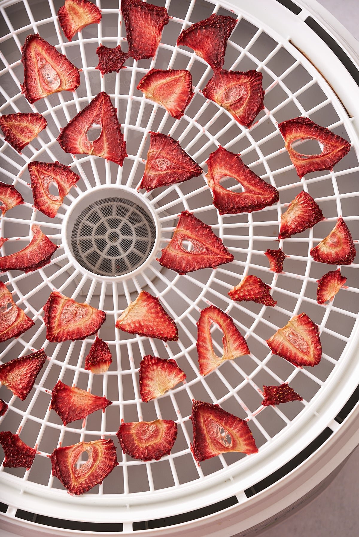 dehydrated strawberries on dehydrator rack
