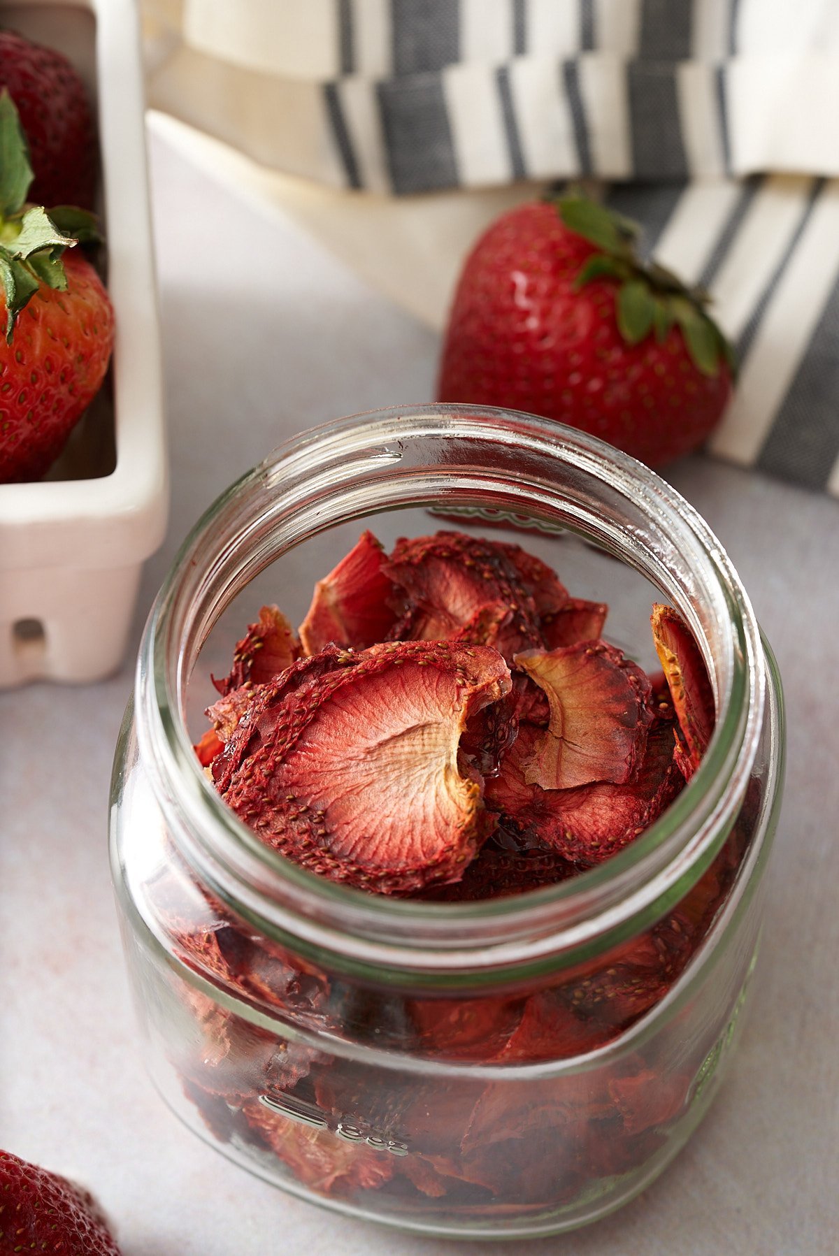 dehydrated strawberries in glass jar