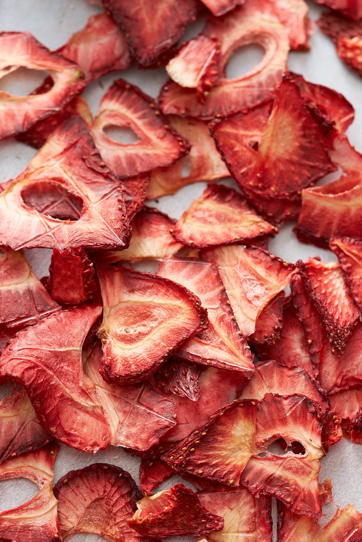 dehydrated strawberries on white board