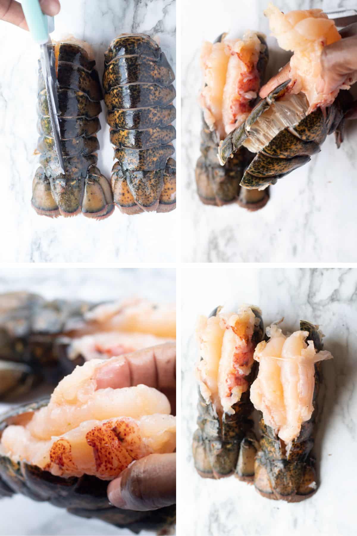 collage of how to butterfly a lobster tail, with hand cutting and the shell and moving the lobster meat above the shell
