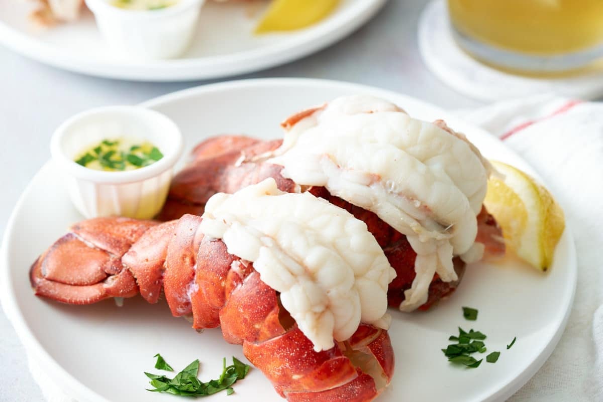 A white serving plate topped with two steamed lobster tails, served with melted butter, a wedge of lemon and garnished with fresh parsley.