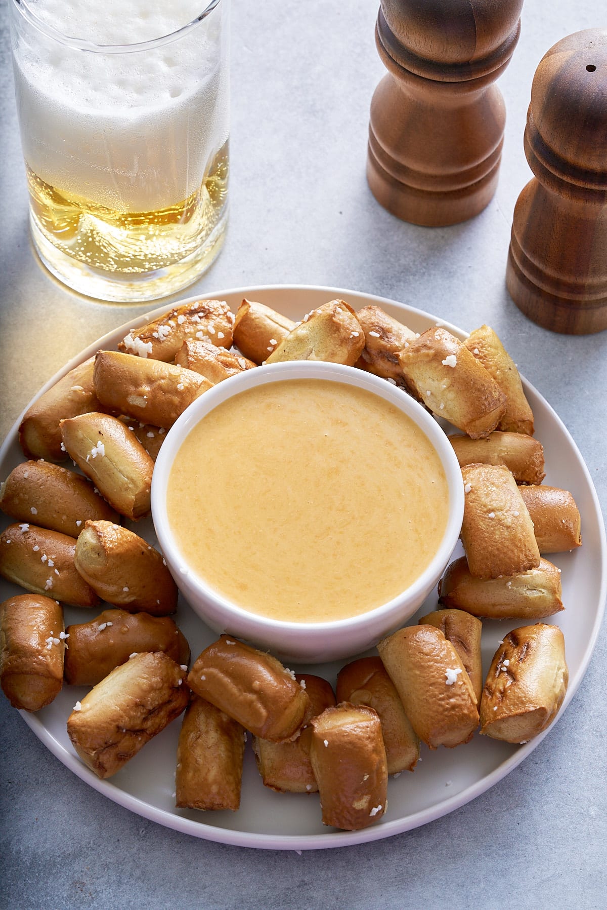 Soft Pretzel Bites with Smoked Gouda Cheese Dip.