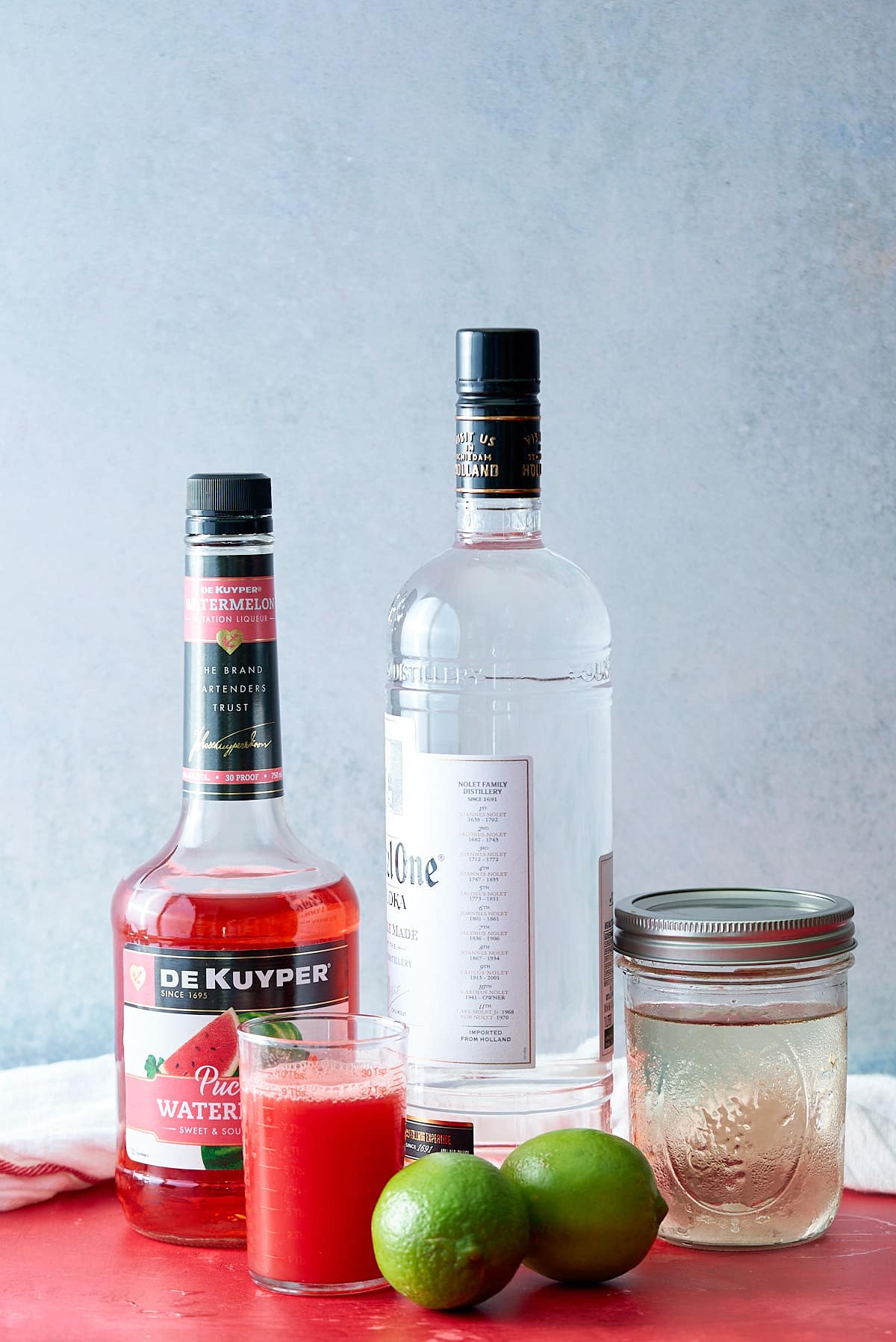 ingredients to make a watermelon martini on a red table